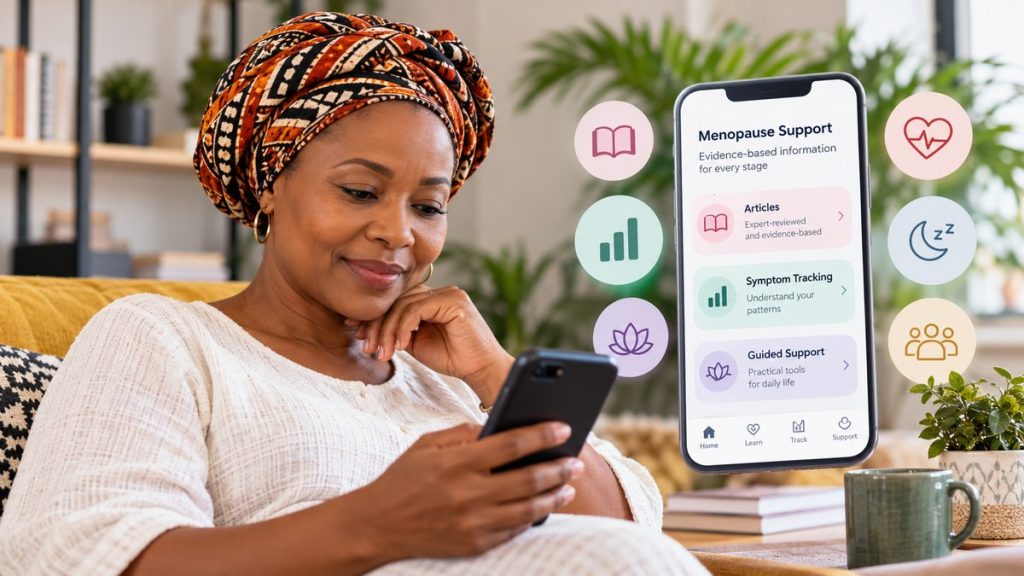 Woman using a menopause support app to access evidence-based articles, symptom tracking and health guidance.
 Copy