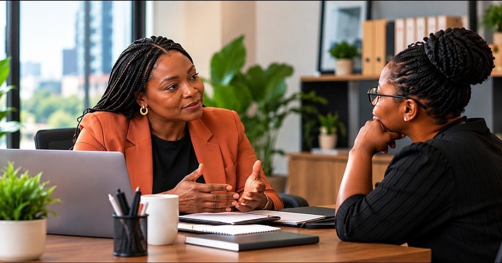 Two Black African women discussing workplace support in a professional office.